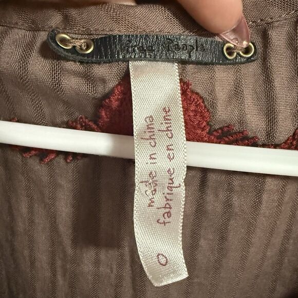 Free People Women Embroidered Scoop Neck Short Sleeve Stripe Top Brown 0 Boho - Picture 4 of 6